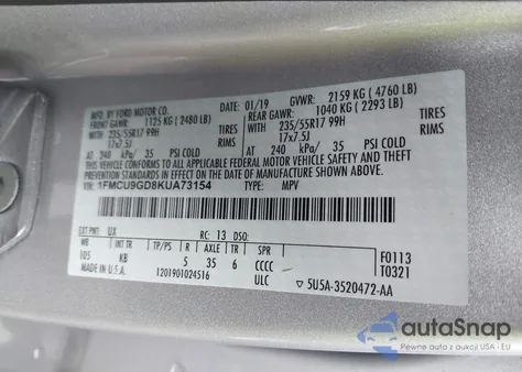 2019 Ford Escape Se from USA, damaged, VIN 1FMCU9GD8KUA73154